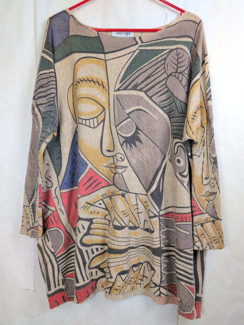 Coeur de Vague abstract face knit top Size XL Oversized Lagenlook Artsy Boho